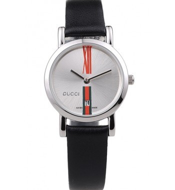 Gucci Small Polished Stainless Steel Bezel White Dial Black Leather Strap RS02543