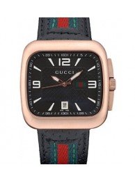 Cheap Gucci Black Leather Strap Rose Gold Bezel Black Dial 80222 RS00244