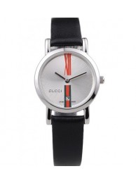 Gucci Small Polished Stainless Steel Bezel White Dial Black Leather Strap RS02543